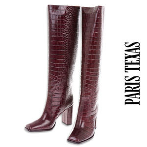 PARIS TEXAS NWT Square-Toe Crocodile-Effect Leather Knee Boots in Burgundy 7.5